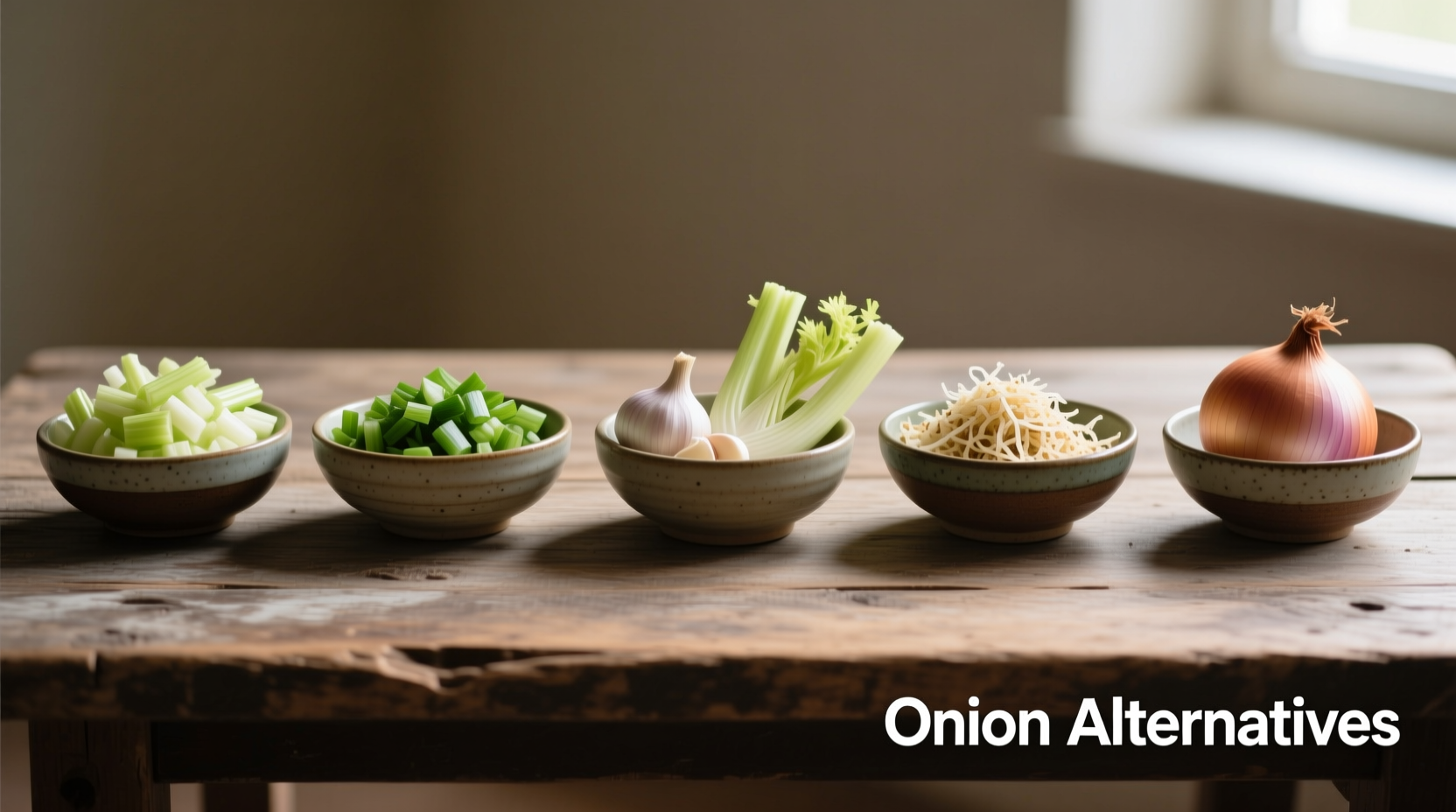 Various onion replacement ingredients in bowls