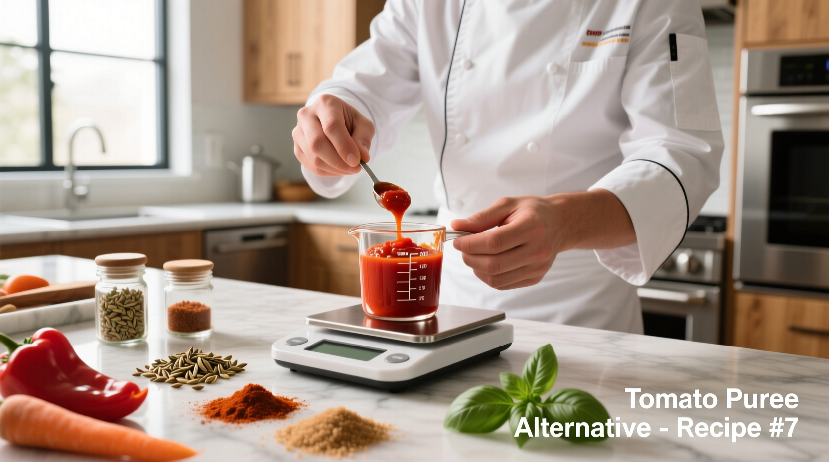 Chef measuring tomato puree substitute ingredients