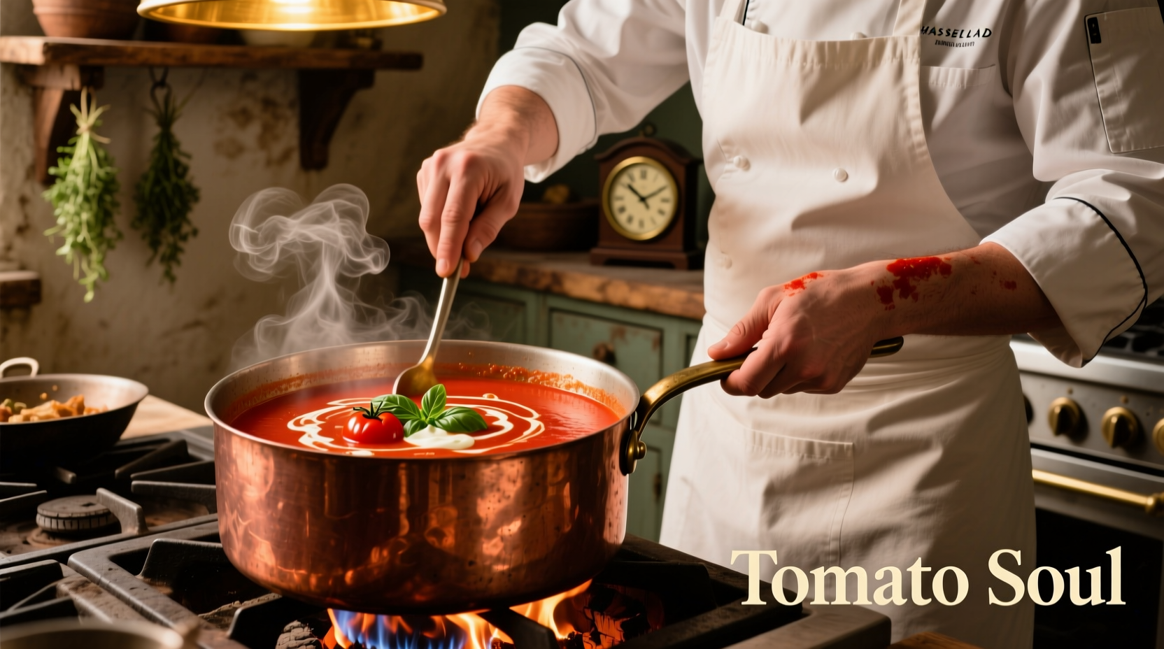 Chef stirring vibrant red tomato soup in copper pot
