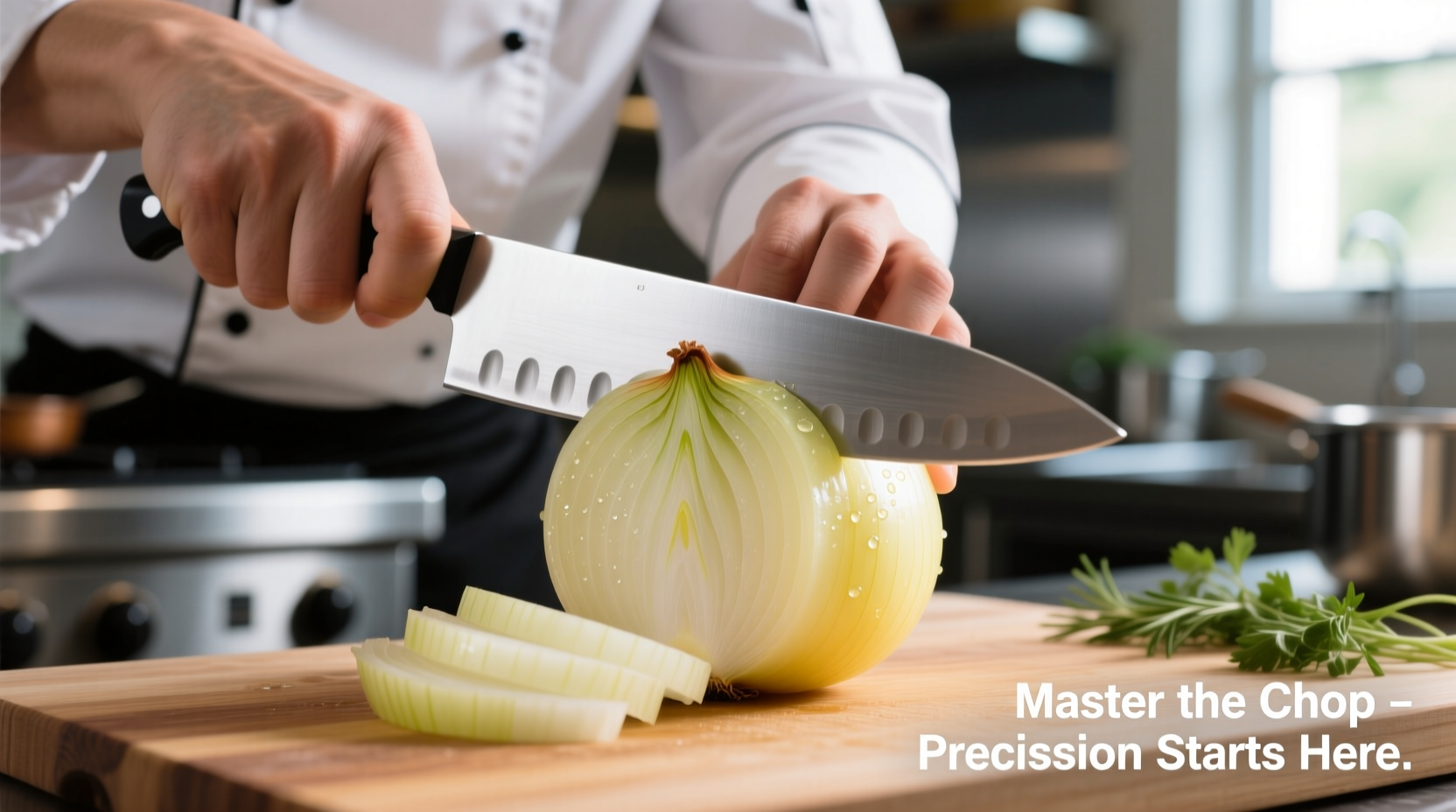 Chef demonstrating proper onion chopping technique with sharp knife