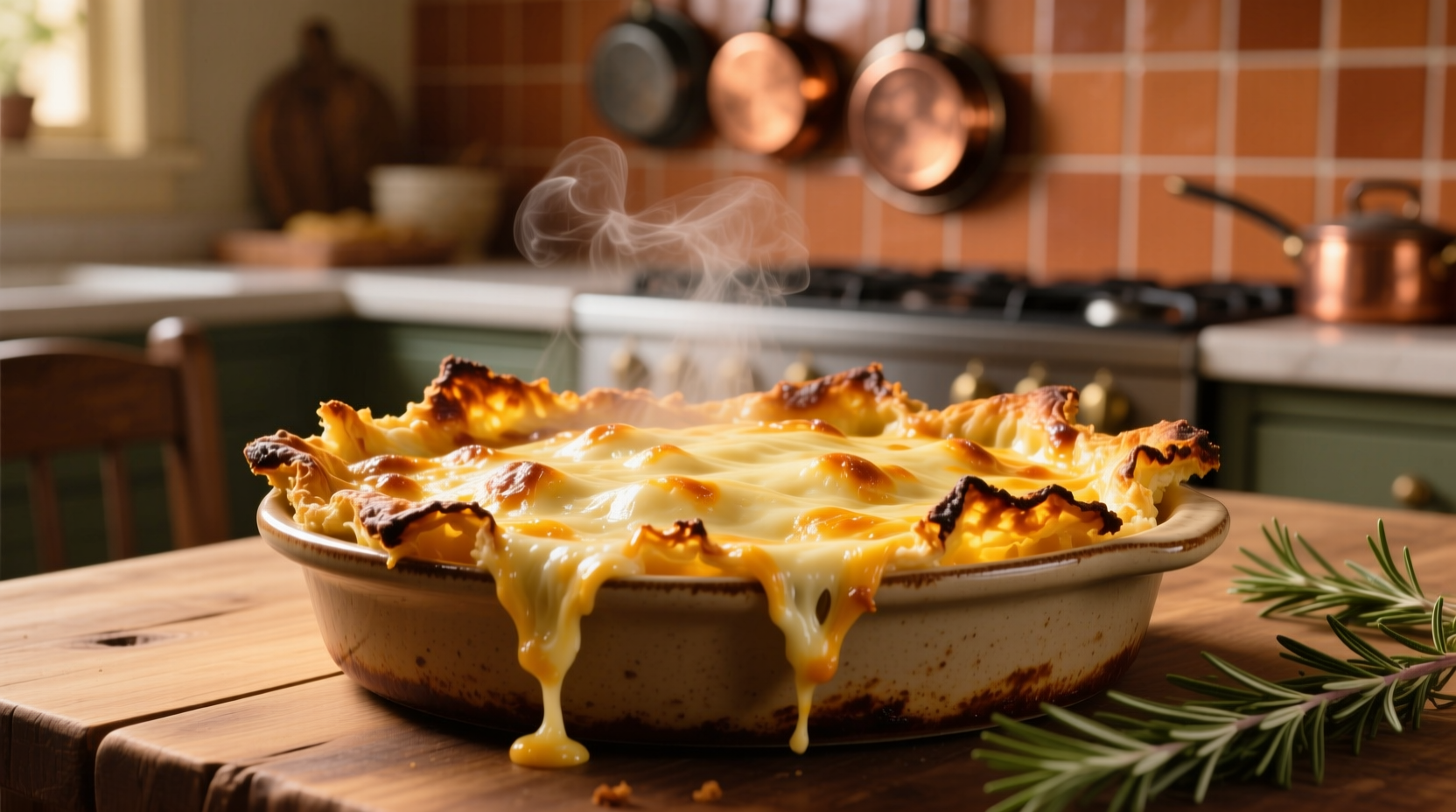 Golden baked casserole with melted cheese