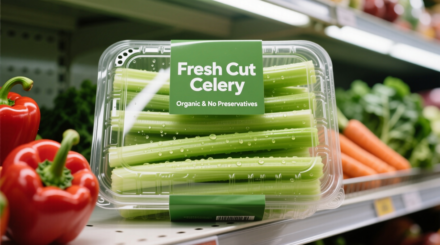 Fresh celery sticks in grocery store packaging