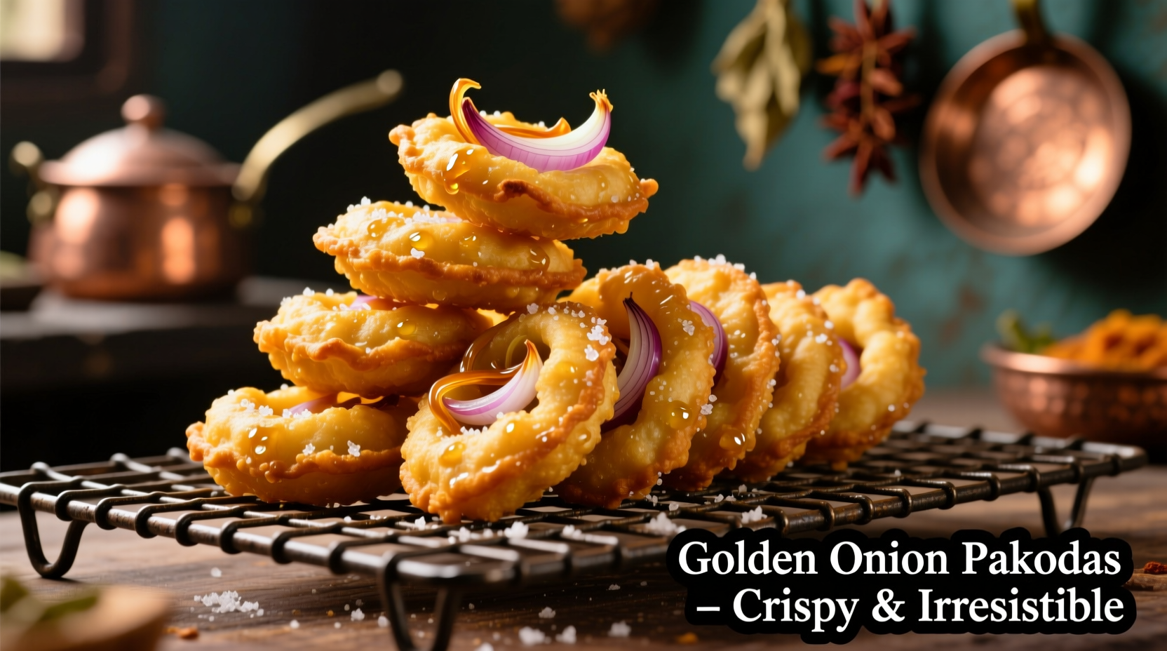 Golden onion pakodas on wire rack