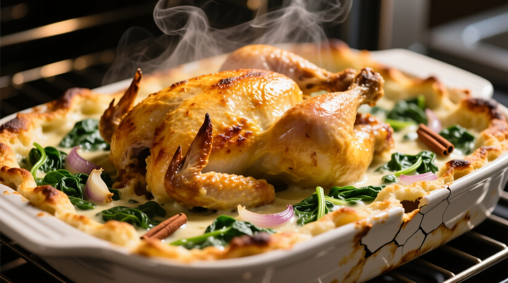 Casserole dorée poulet épinards sortie du four