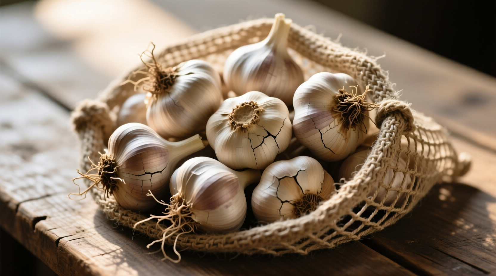 Garlic bulbs stored in mesh bag