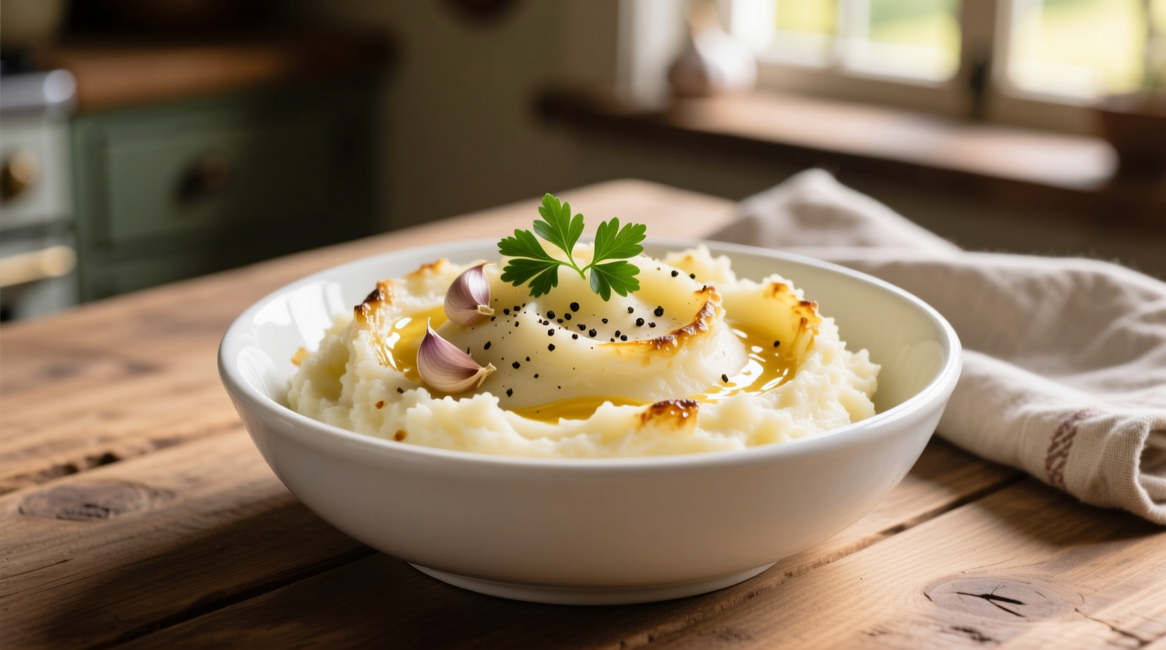 Creamy garlic roasted mashed potatoes in white bowl