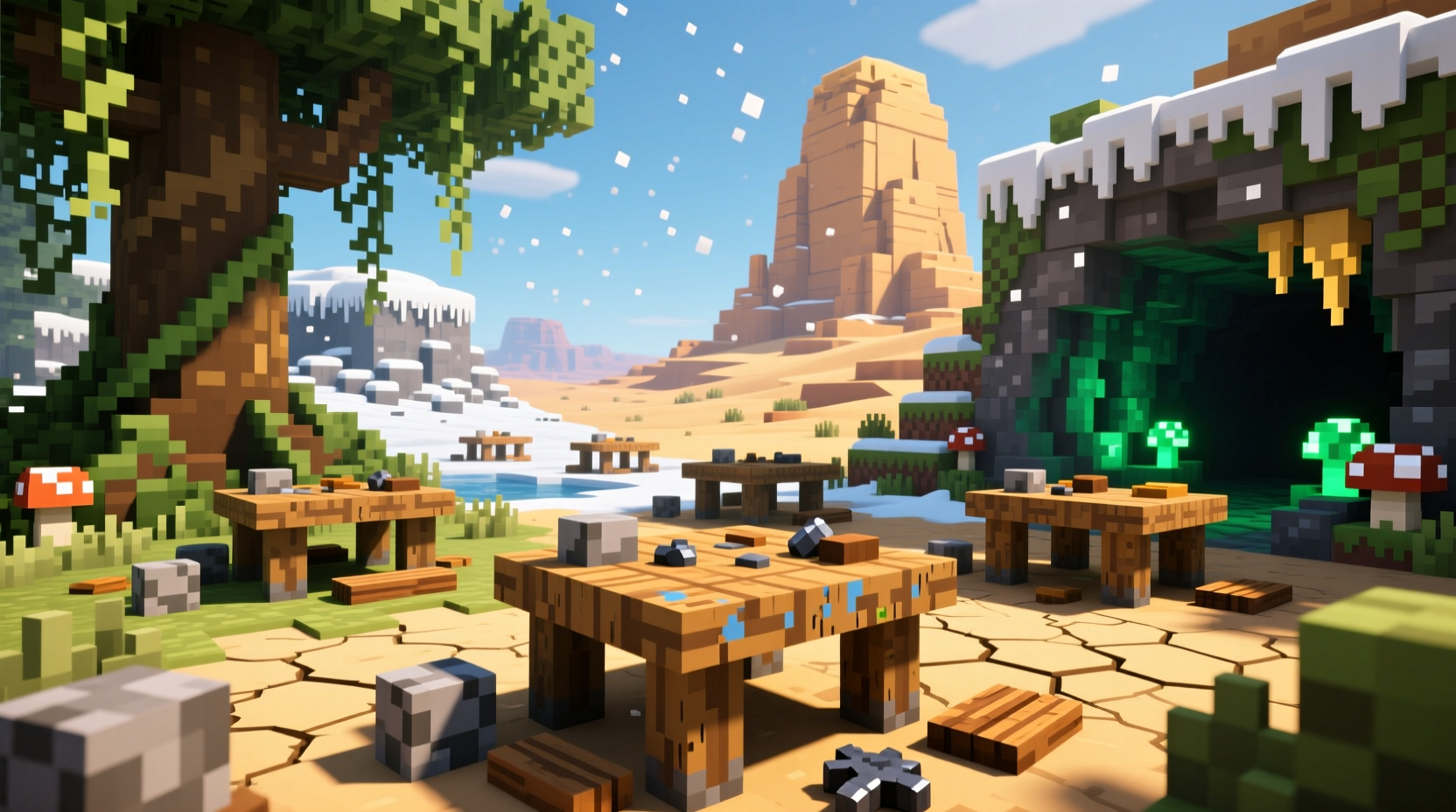 Multiple Minecraft crafting tables placed in different biome environments