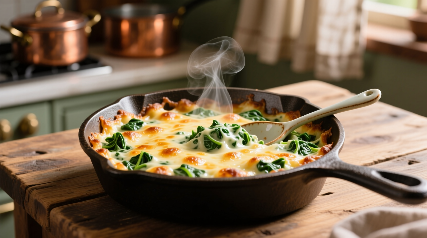 Creamy baked spinach dip in cast iron skillet