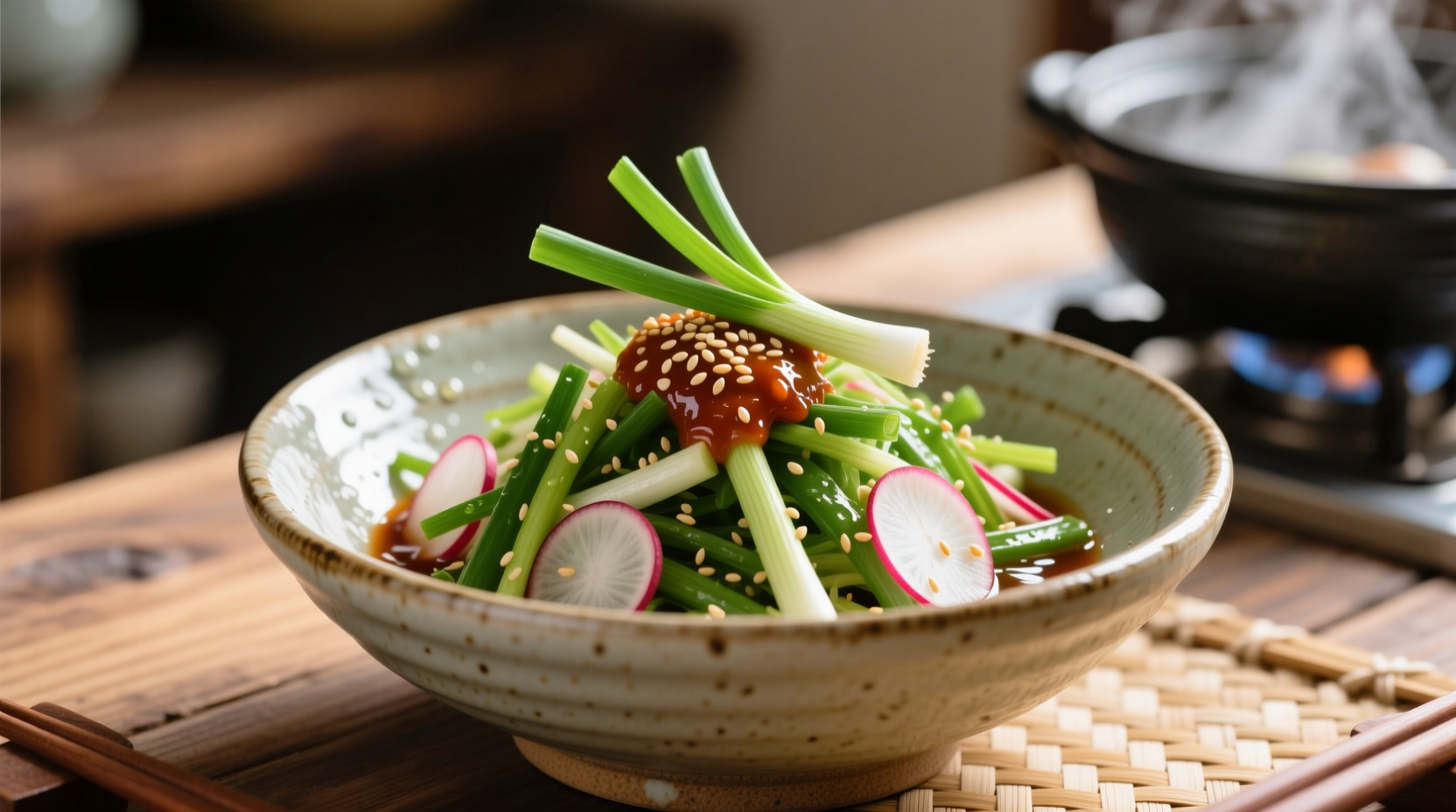 Fresh Korean green onion salad in traditional bowl