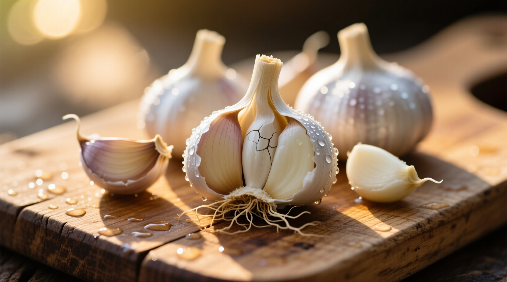 Fresh raw garlic cloves on wooden cutting board