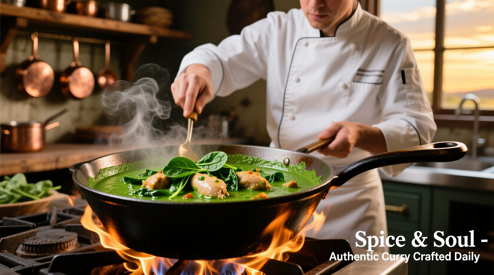 Chef preparing vibrant green chicken spinach curry in cast iron pot