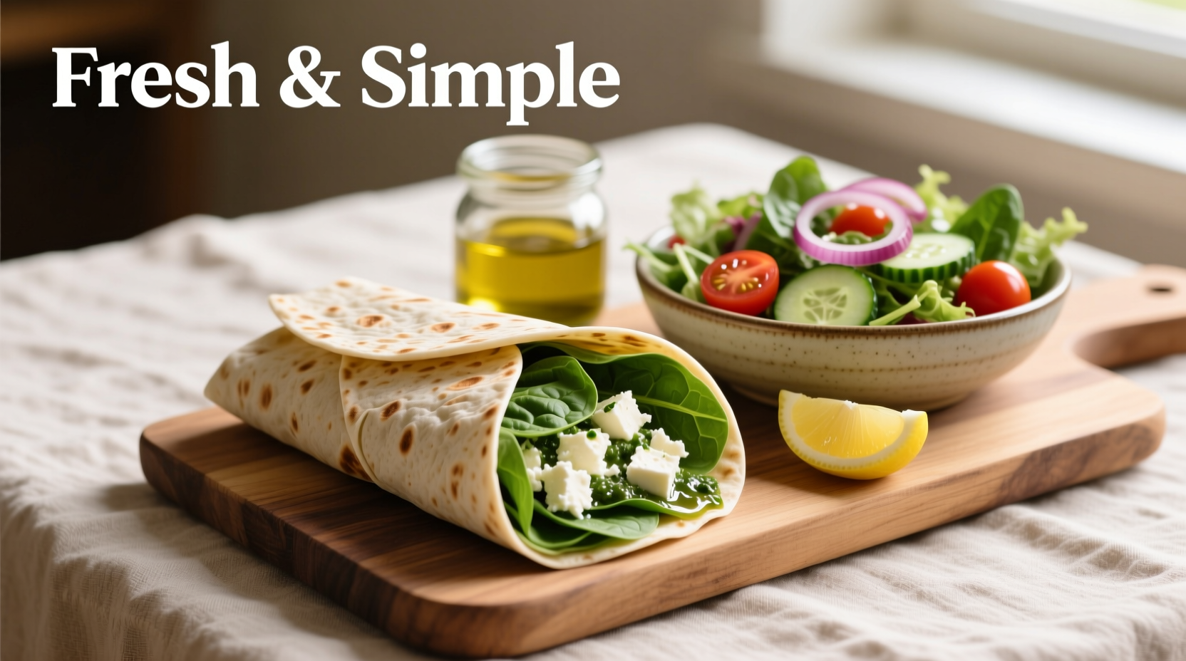 Fresh spinach feta wrap with side salad