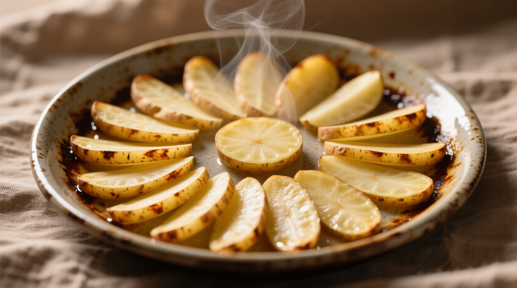 Thin sliced potatoes arranged in fan pattern on baking sheet