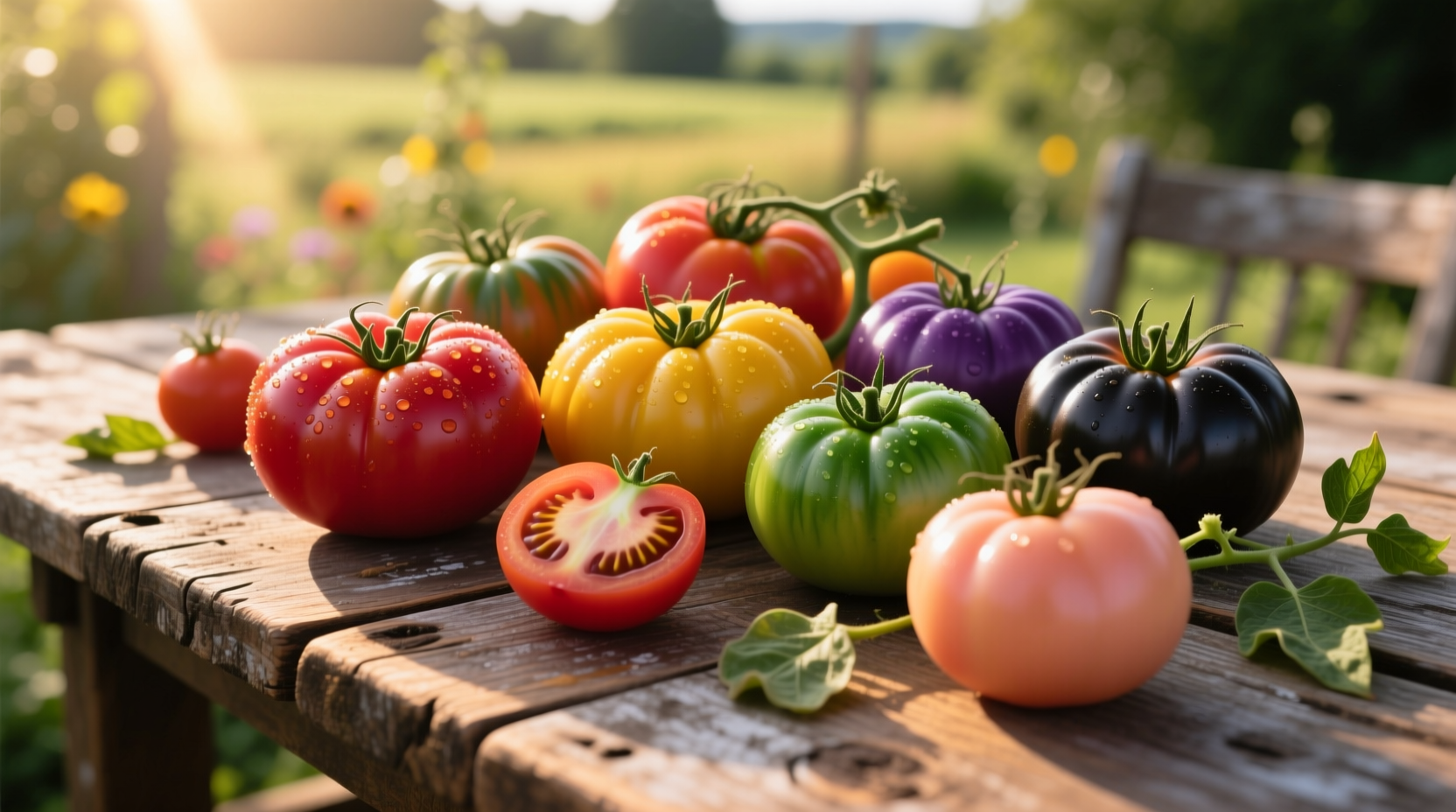 Colorful assortment of heritage tomatoes on wooden table