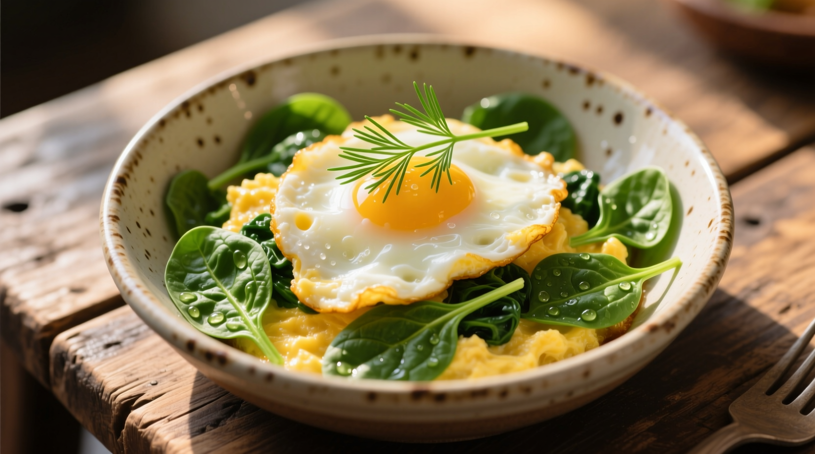 Creamy scrambled eggs with vibrant green spinach