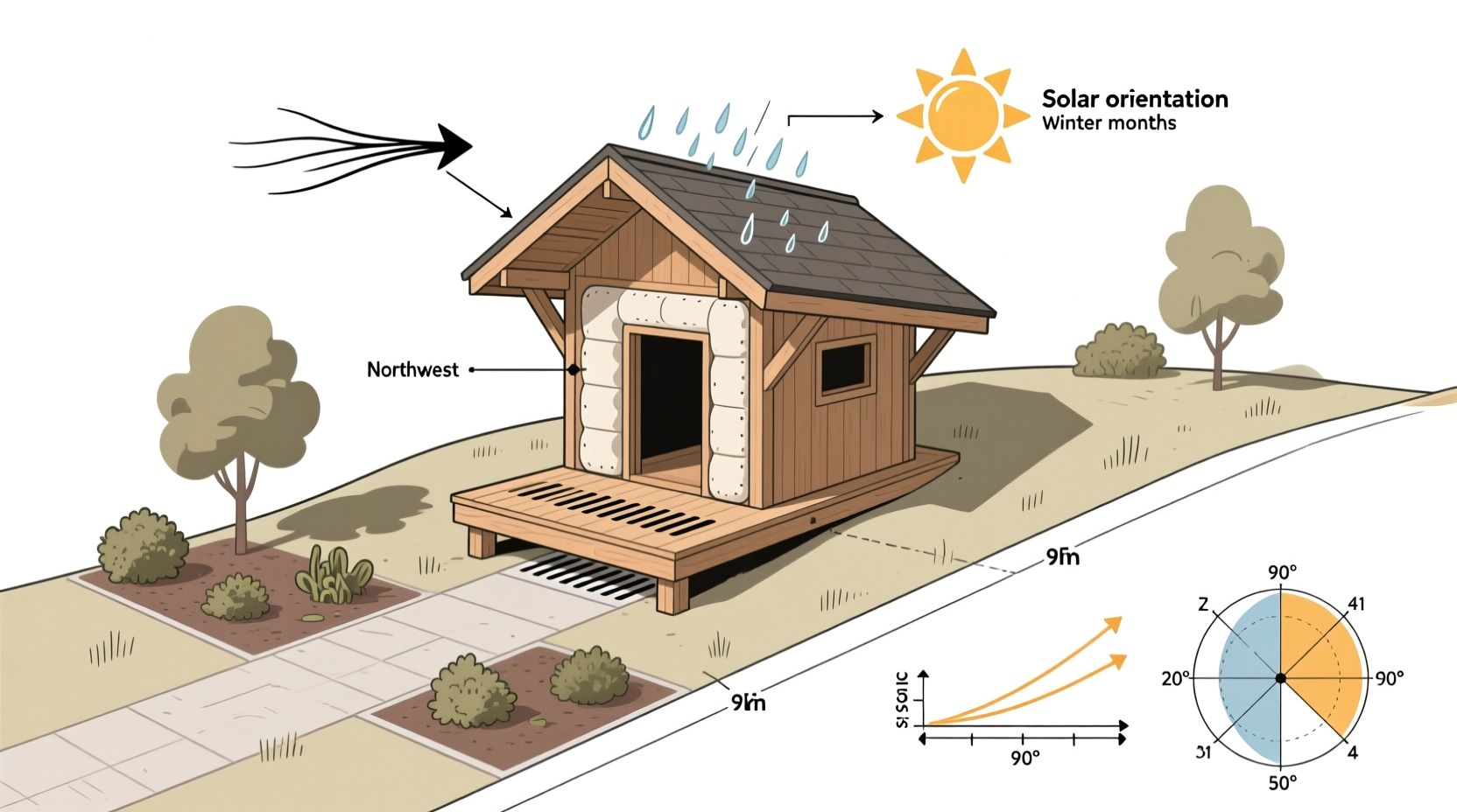 Cat shelter placement diagram showing wind direction and sun exposure