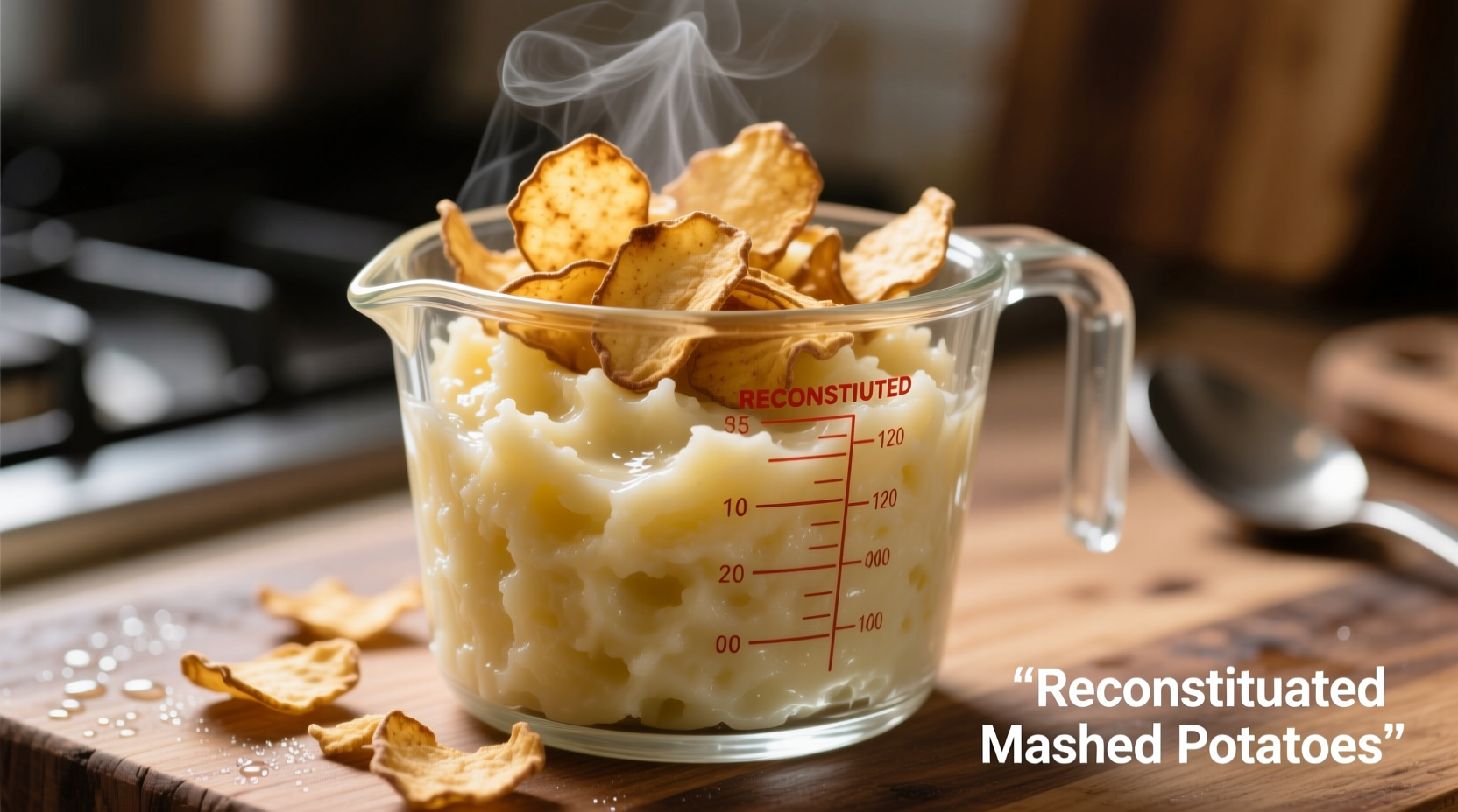 Potato flakes in measuring cup with reconstituted mashed potatoes