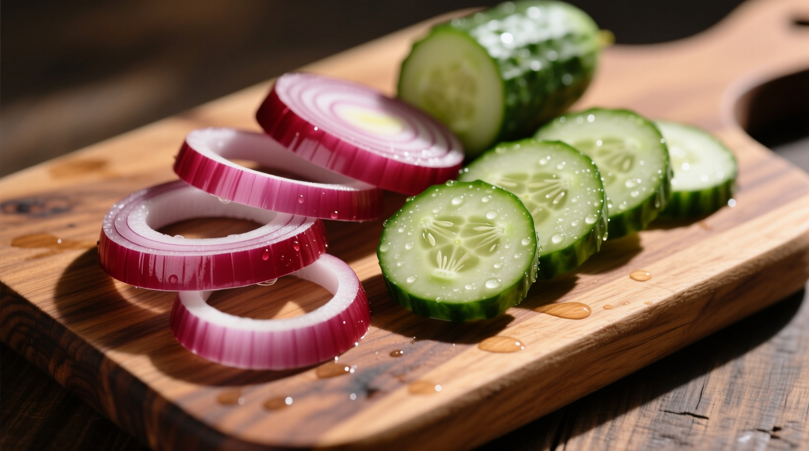 Fresh sliced red onion and cucumber on wooden board