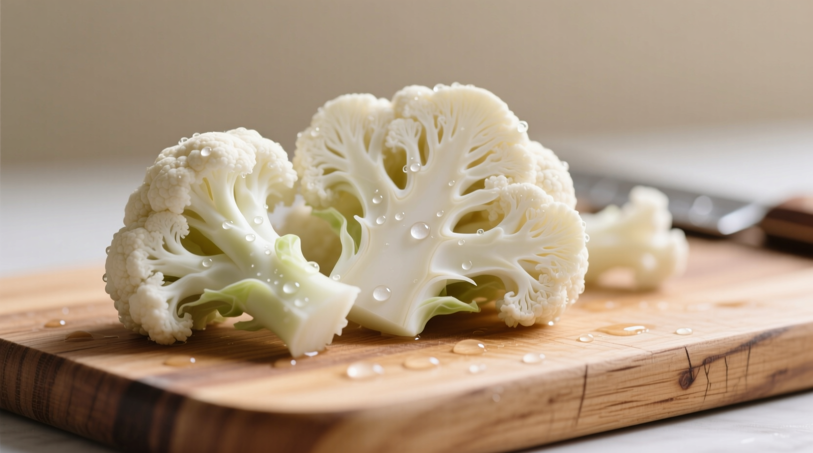 Cauliflower florets on cutting board
