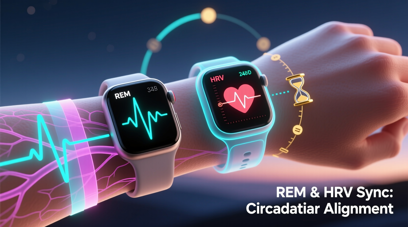 Side-by-side illustration of two wearables on wrists, with overlaid waveform graphics showing distinct REM spike patterns and HRV troughs aligned to circadian markers