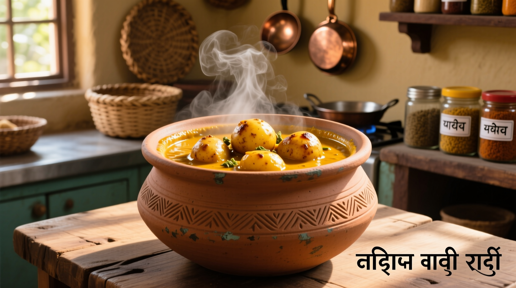 Golden potato curry simmering in traditional clay pot