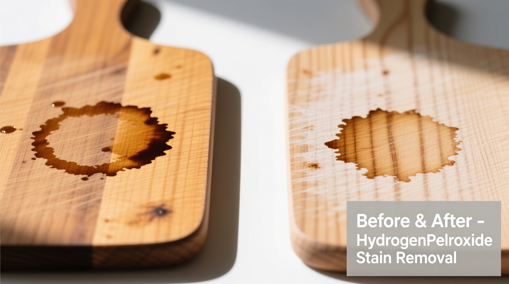 Close-up photo showing a maple cutting board with a faint brown coffee ring before treatment, next to the same board post-hydrogen-peroxide application—stain visibly lifted, grain intact, no whitening or fuzziness.