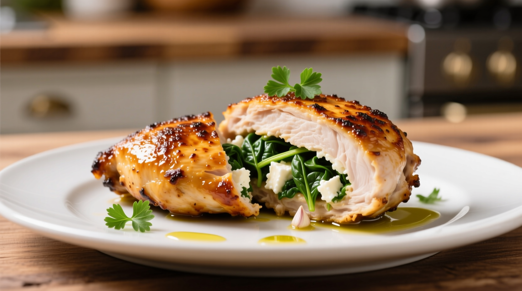 Golden brown stuffed chicken breast with spinach and feta
