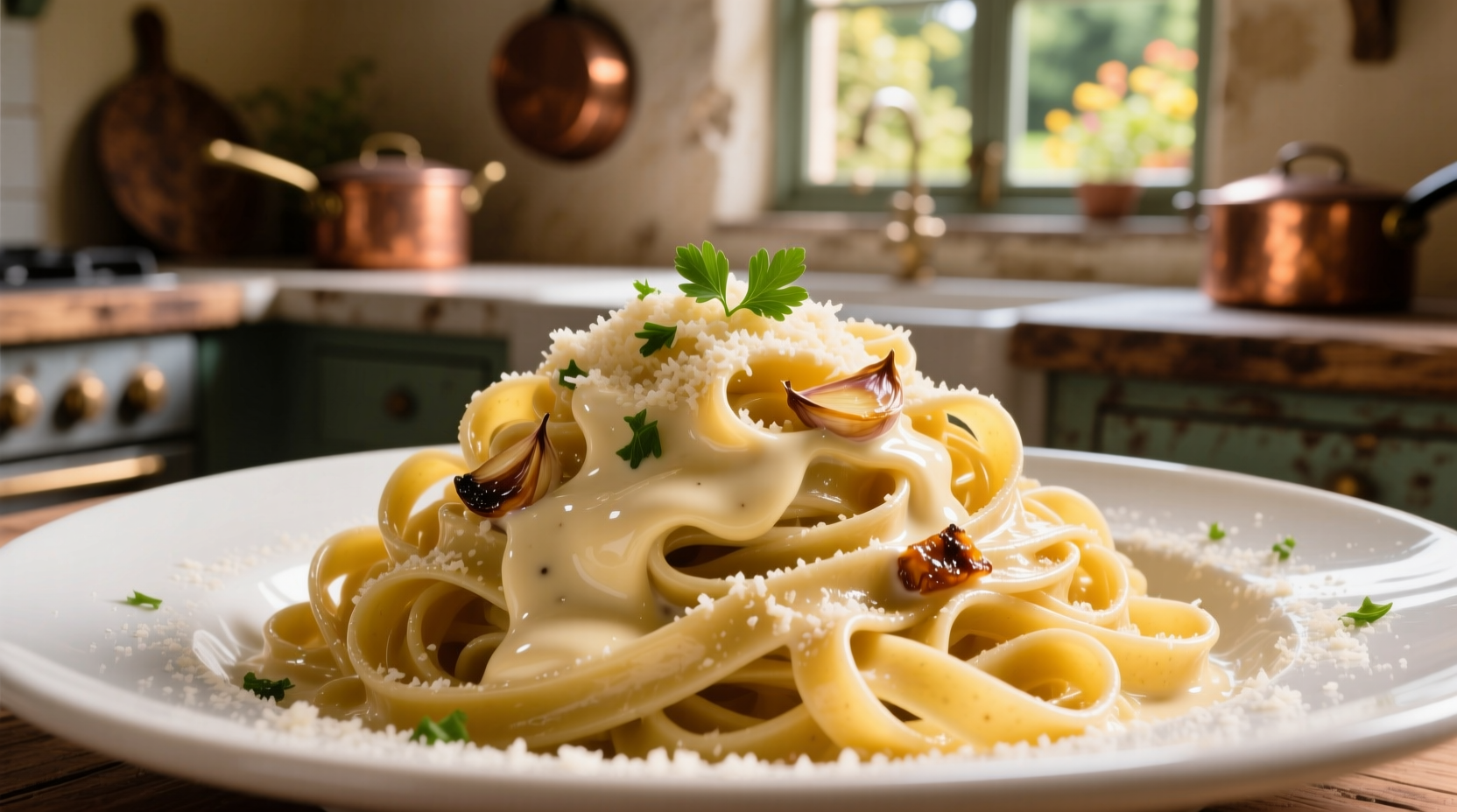 Creamy roasted garlic alfredo sauce poured over fettuccine