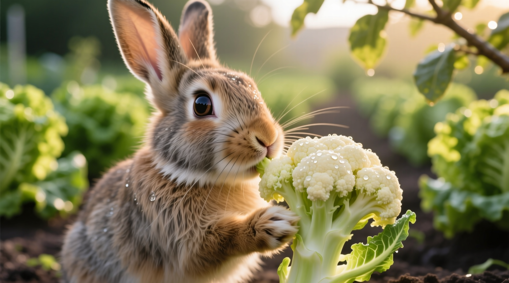 Rabbit cautiously nibbling cauliflower floret