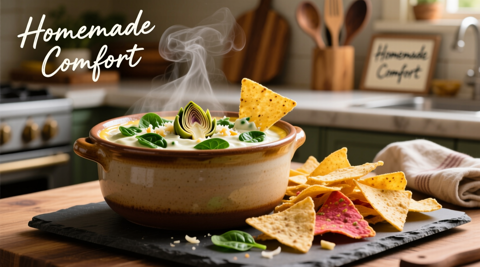 Creamy spinach artichoke dip in crock pot with chips