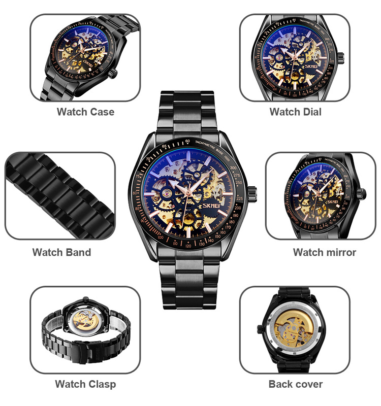 skmei 9194 high quality premium automatic mechanical skeleton 3atm men stainless steel watches