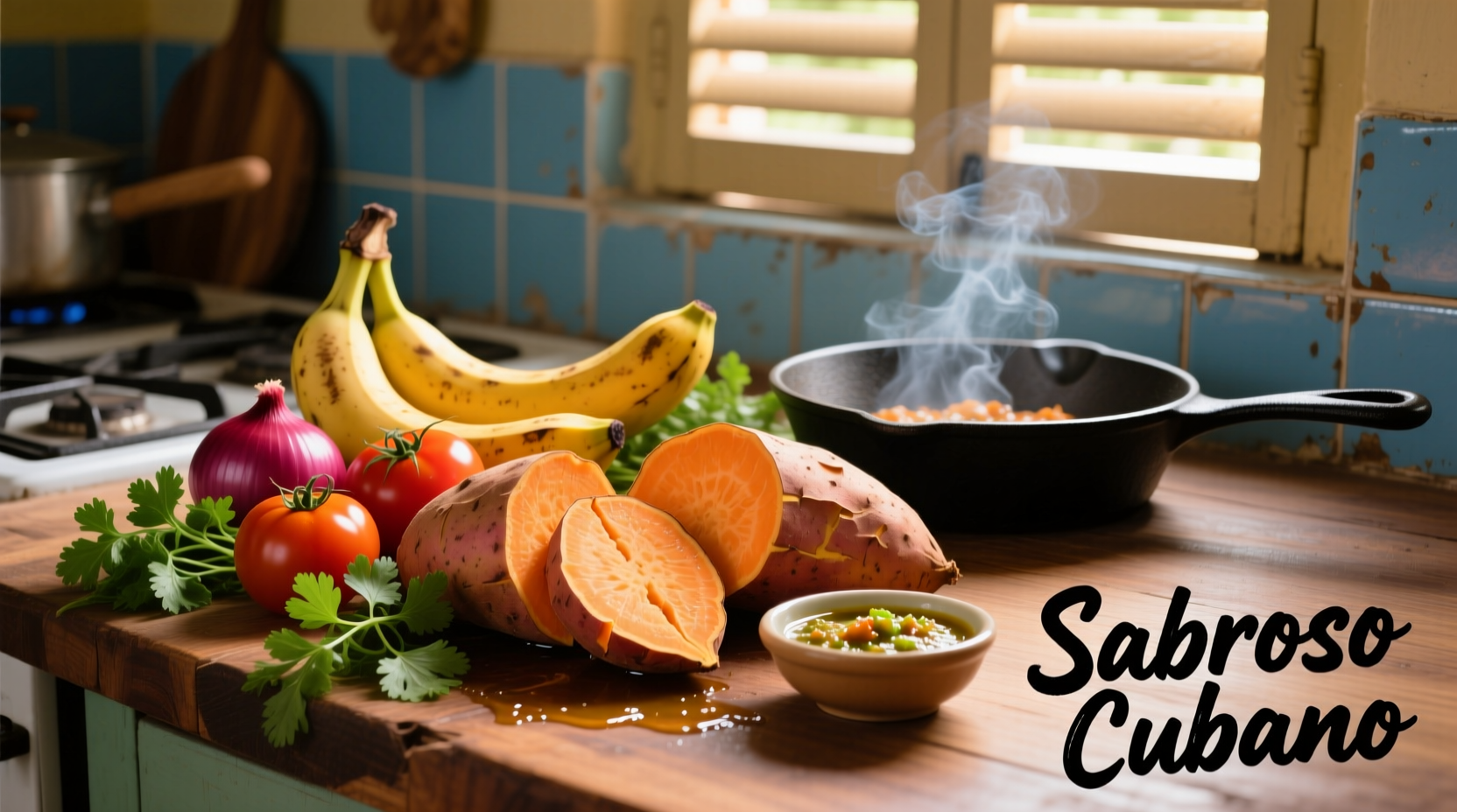 Cuban sweet potatoes arranged with traditional Cuban ingredients