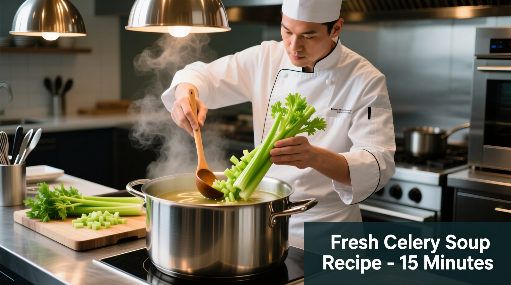 Chef preparing fresh celery soup in stainless steel pot