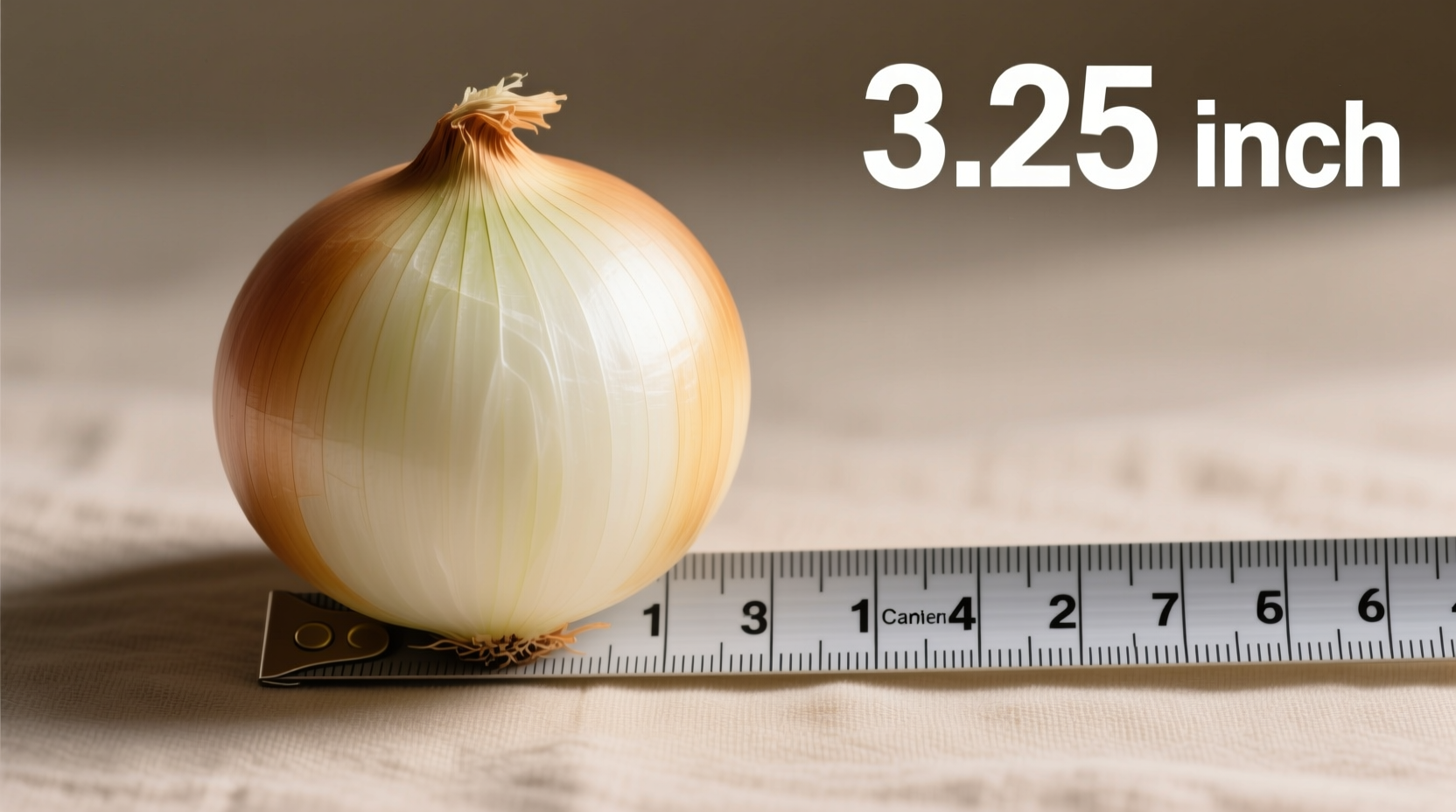 Medium onion next to measuring tape showing 3.25 inch diameter