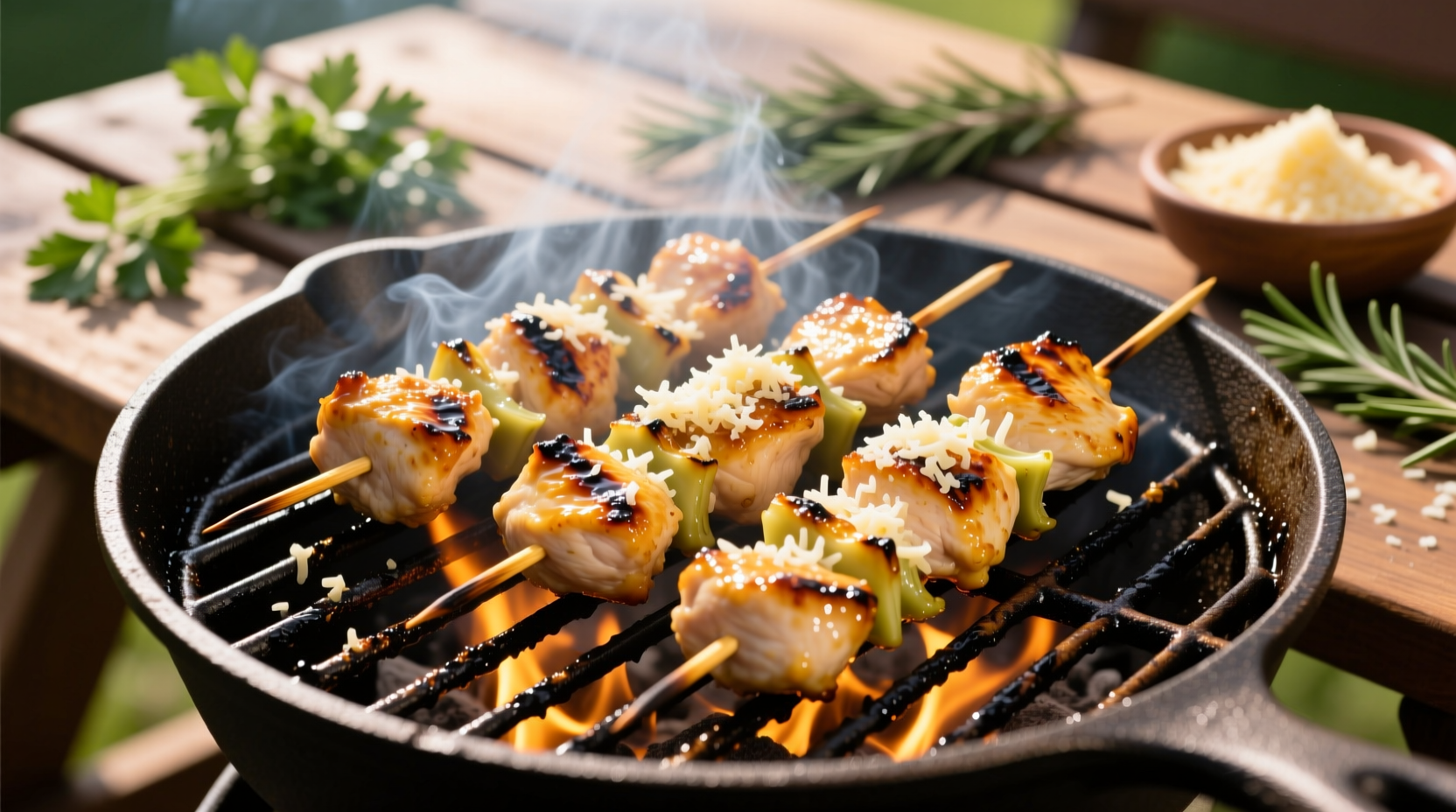 Golden garlic parmesan chicken skewers on grill
