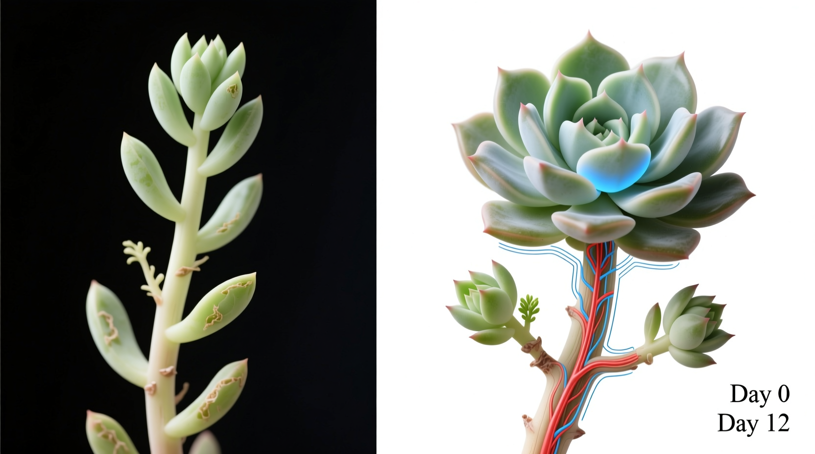 Side-by-side comparison: left shows a leggy Echeveria with stretched internodes and pale leaves; right shows the same plant 12 days after precision pruning and targeted LED exposure, displaying tight new rosette formation at the original apex and two symmetrical lateral buds emerging just below the cut site.