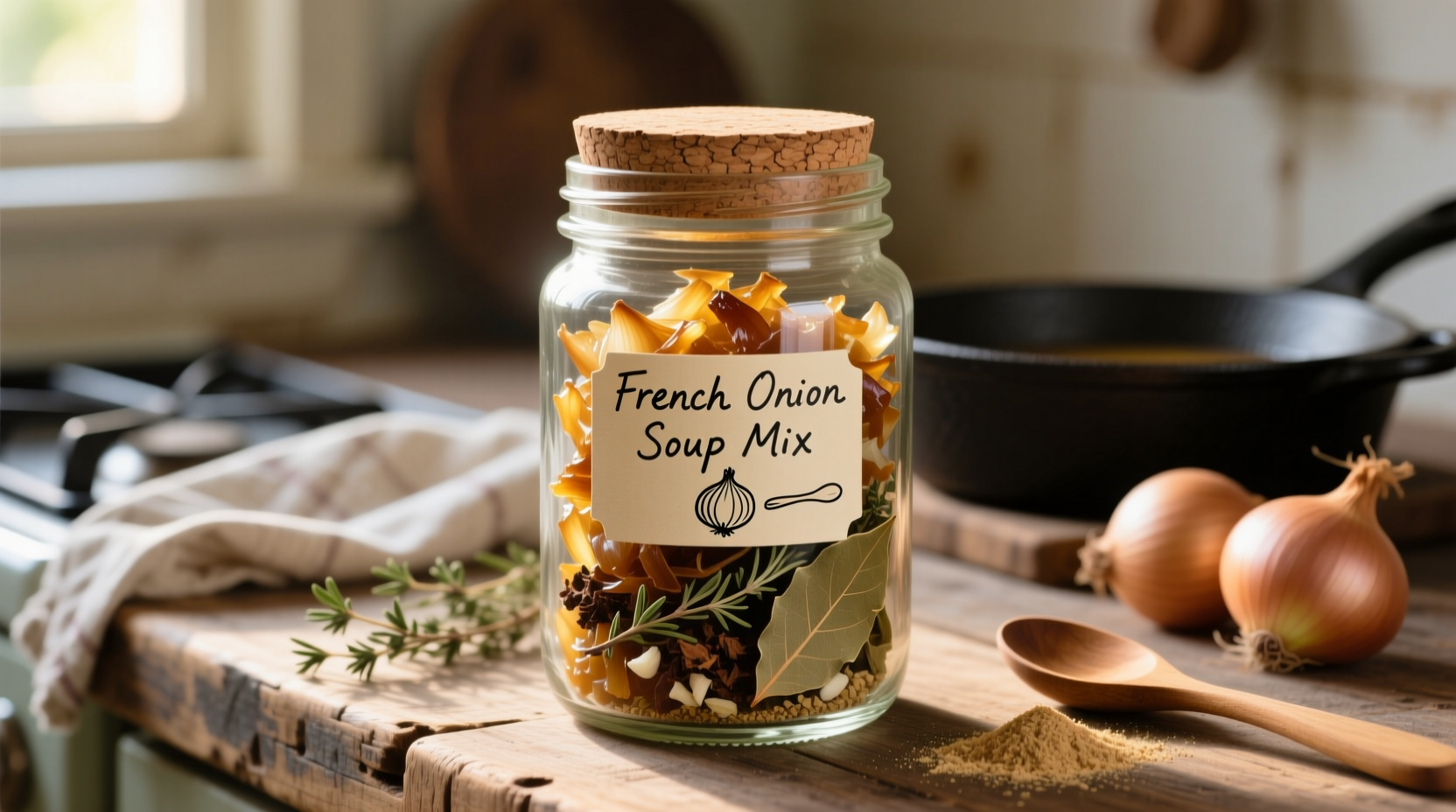 Homemade French onion soup mix in glass jar