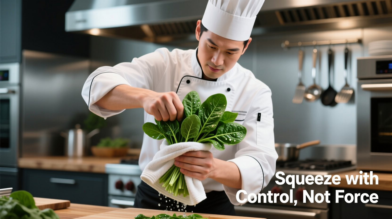 Chef demonstrating proper spinach squeezing technique