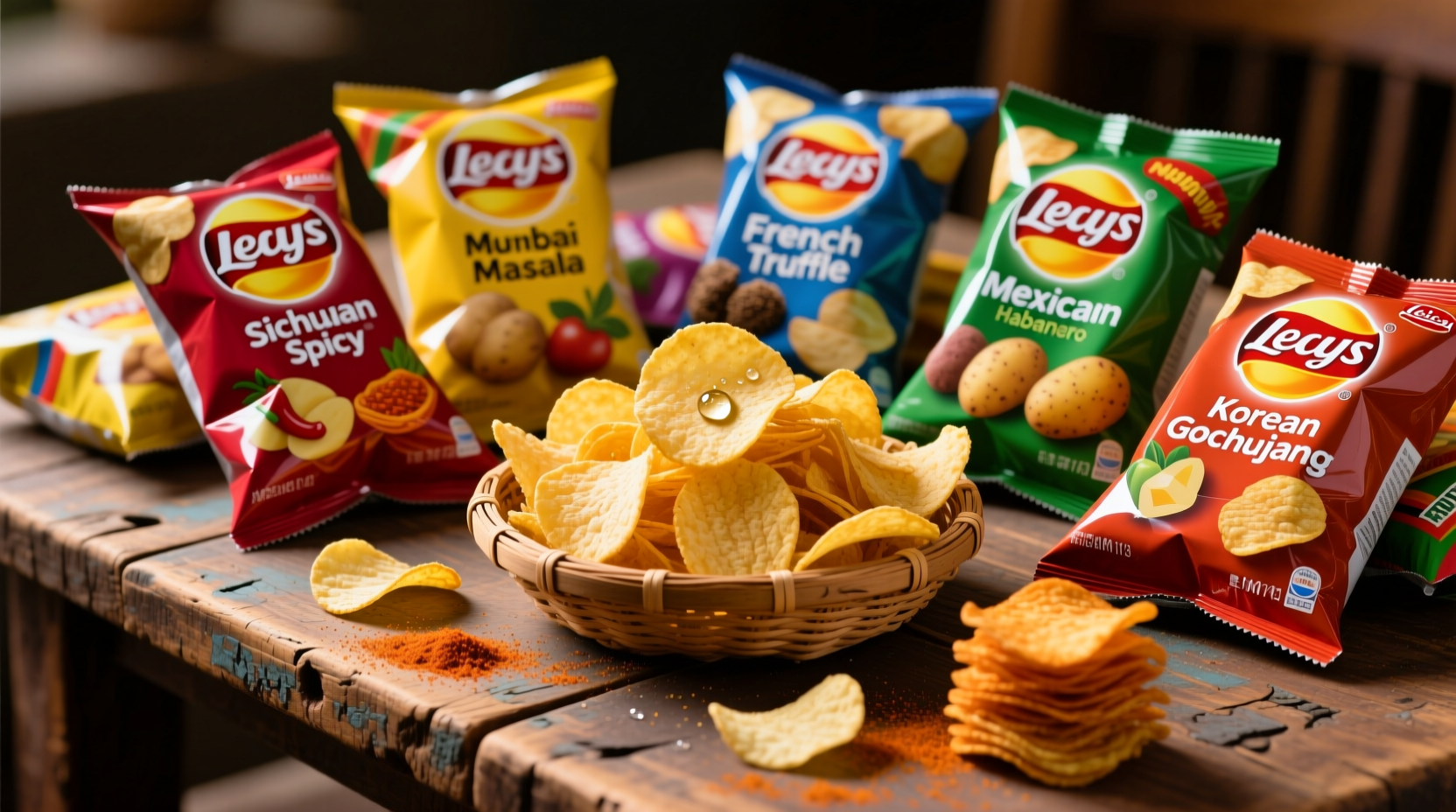 Colorful array of international potato chip flavors on wooden table