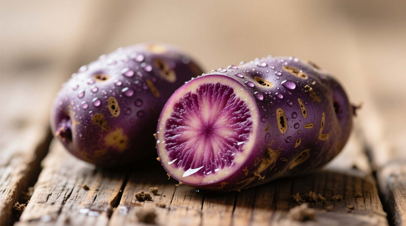 Fresh murasaki potatoes with purple skin and flesh