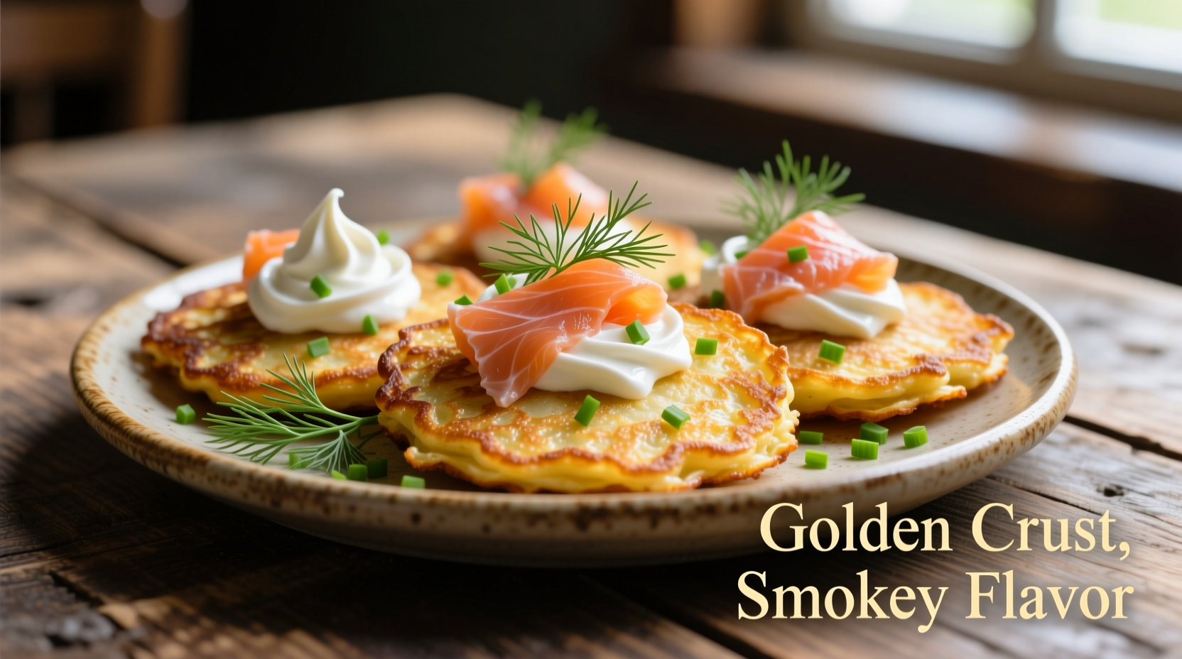 Golden potato pancakes with sour cream and smoked salmon