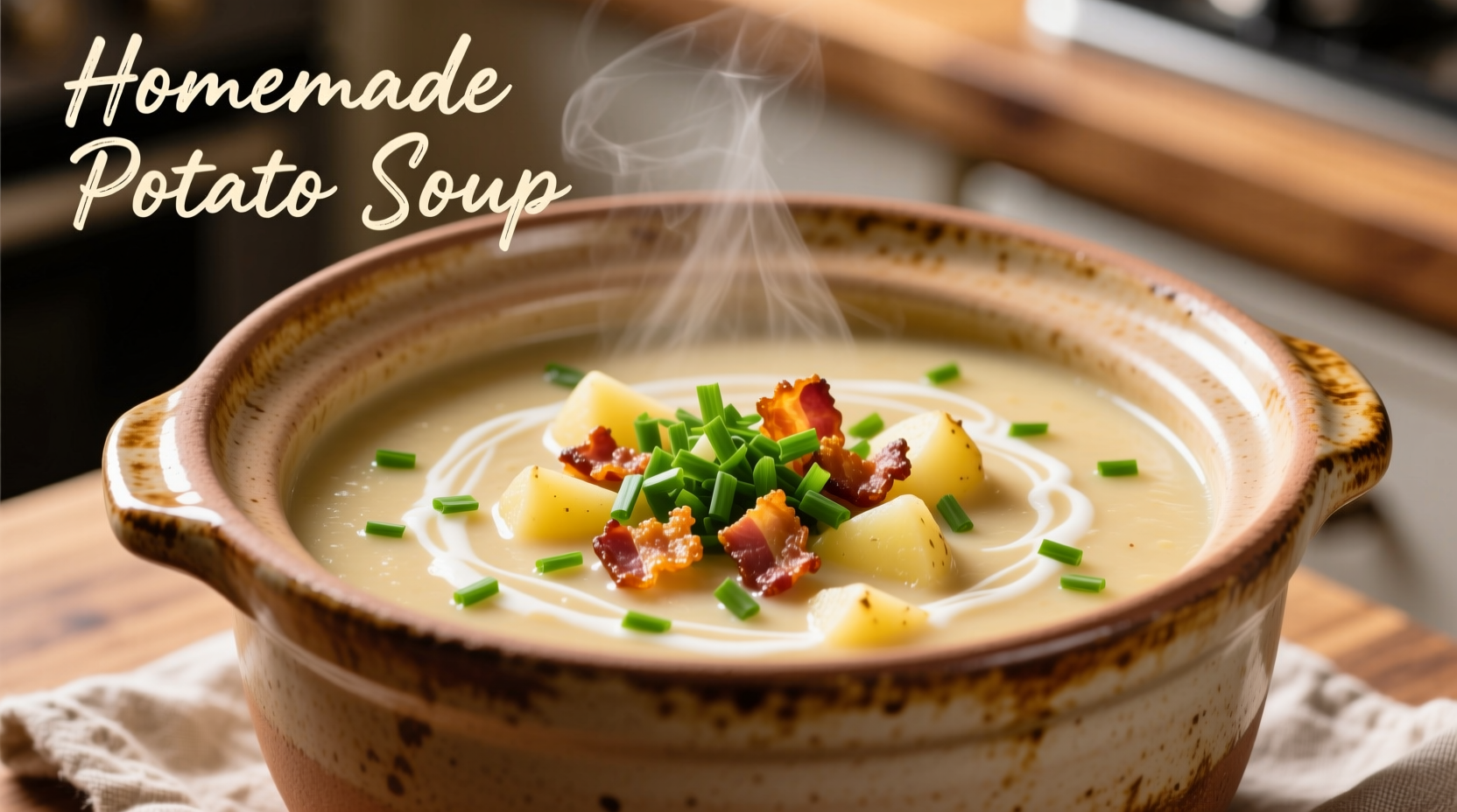 Crock pot filled with creamy potato soup topped with chives and bacon