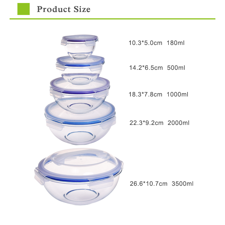 Nestable glass salad mixing bowl microwave oven safe 5pcs set with handle lid glass food storage container bowl
