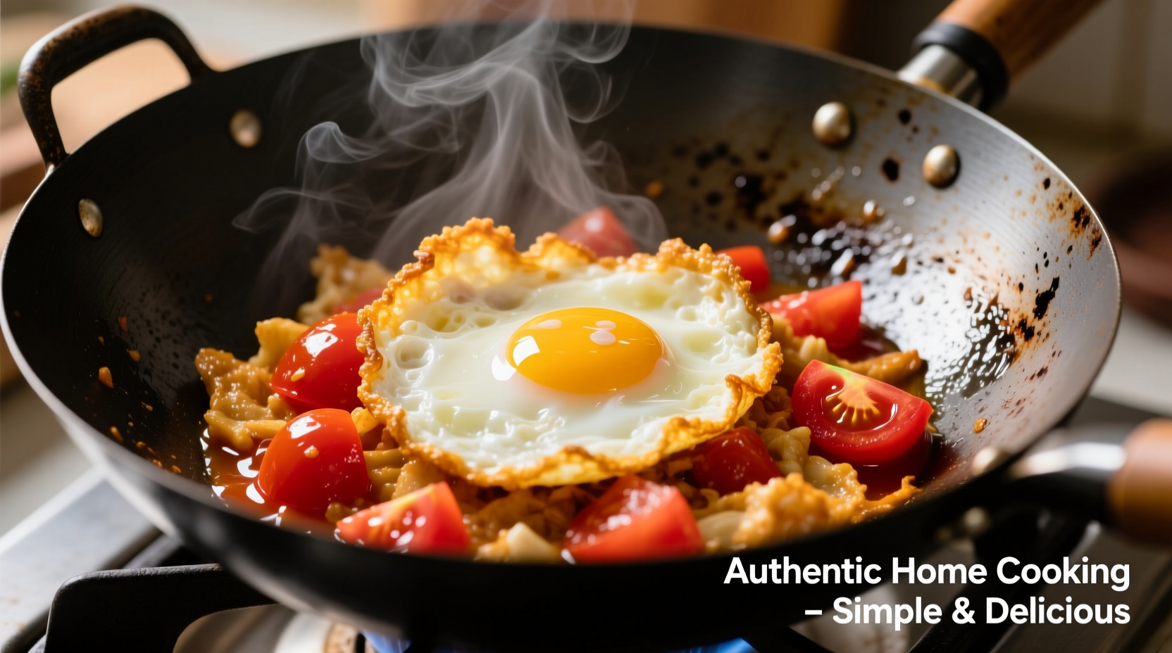 Perfectly cooked stir fry egg with tomato in wok