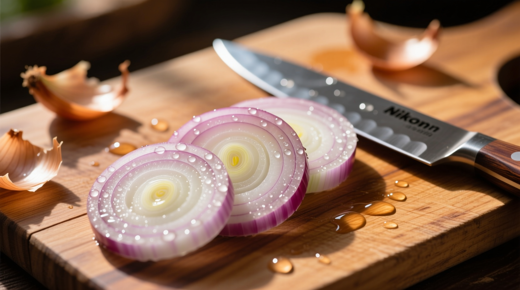 Close-up of onion slices on cutting board