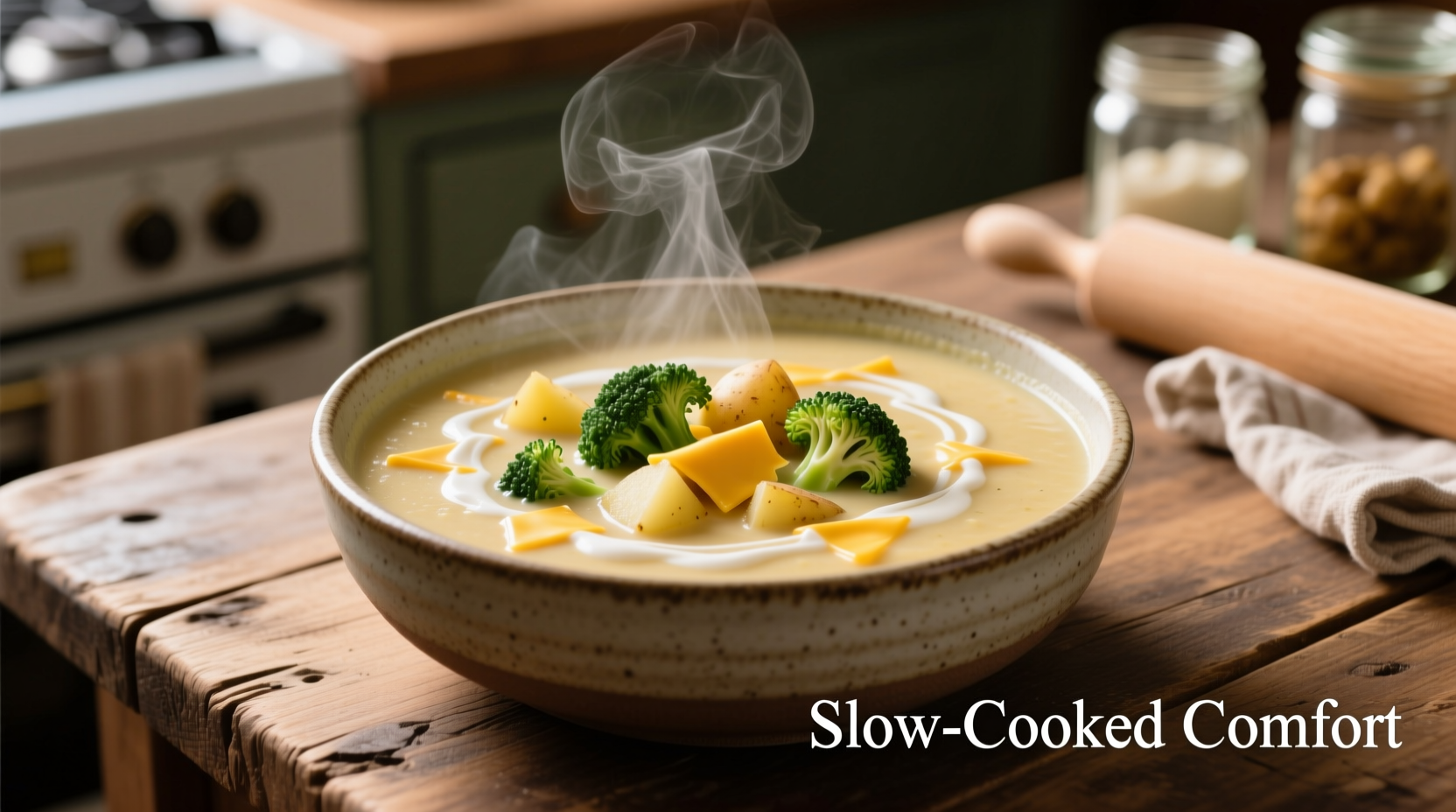 Creamy slow cooker broccoli cheddar potato soup in bowl
