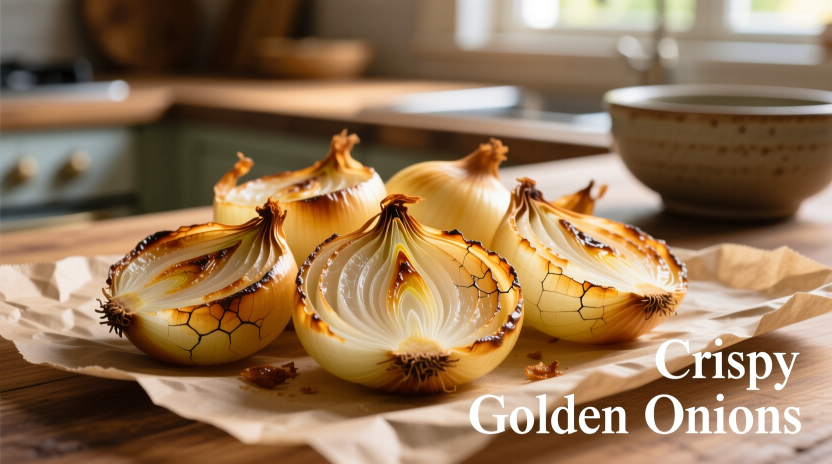 Golden baked onions with crispy edges on parchment paper