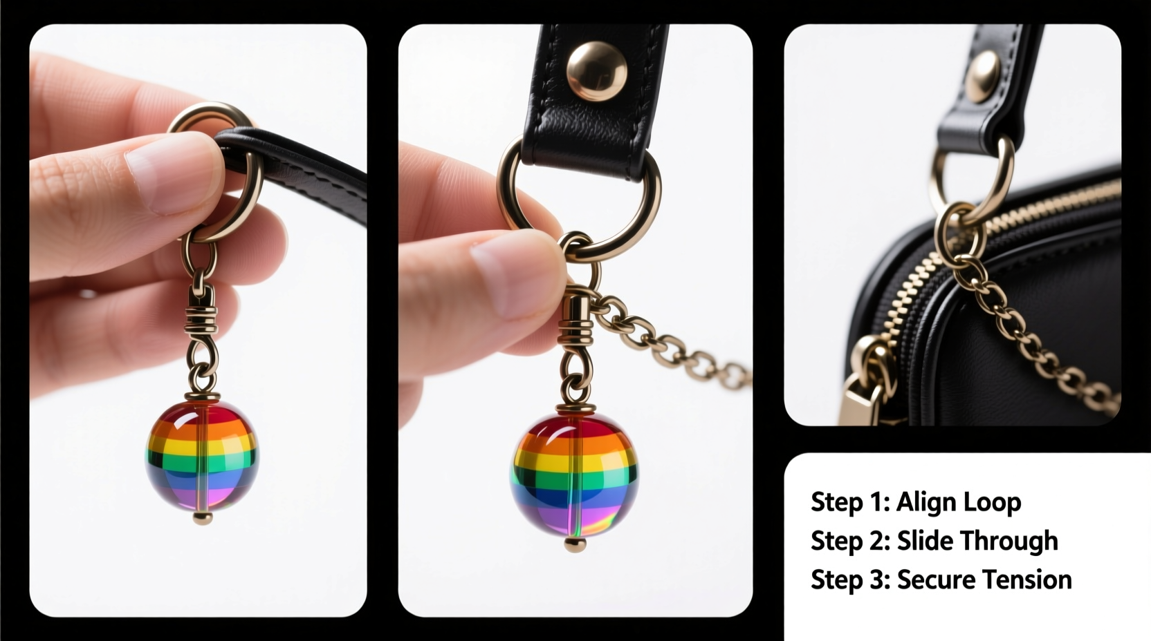 step by step guide to attaching a rainbow bead pendant to your bag easily