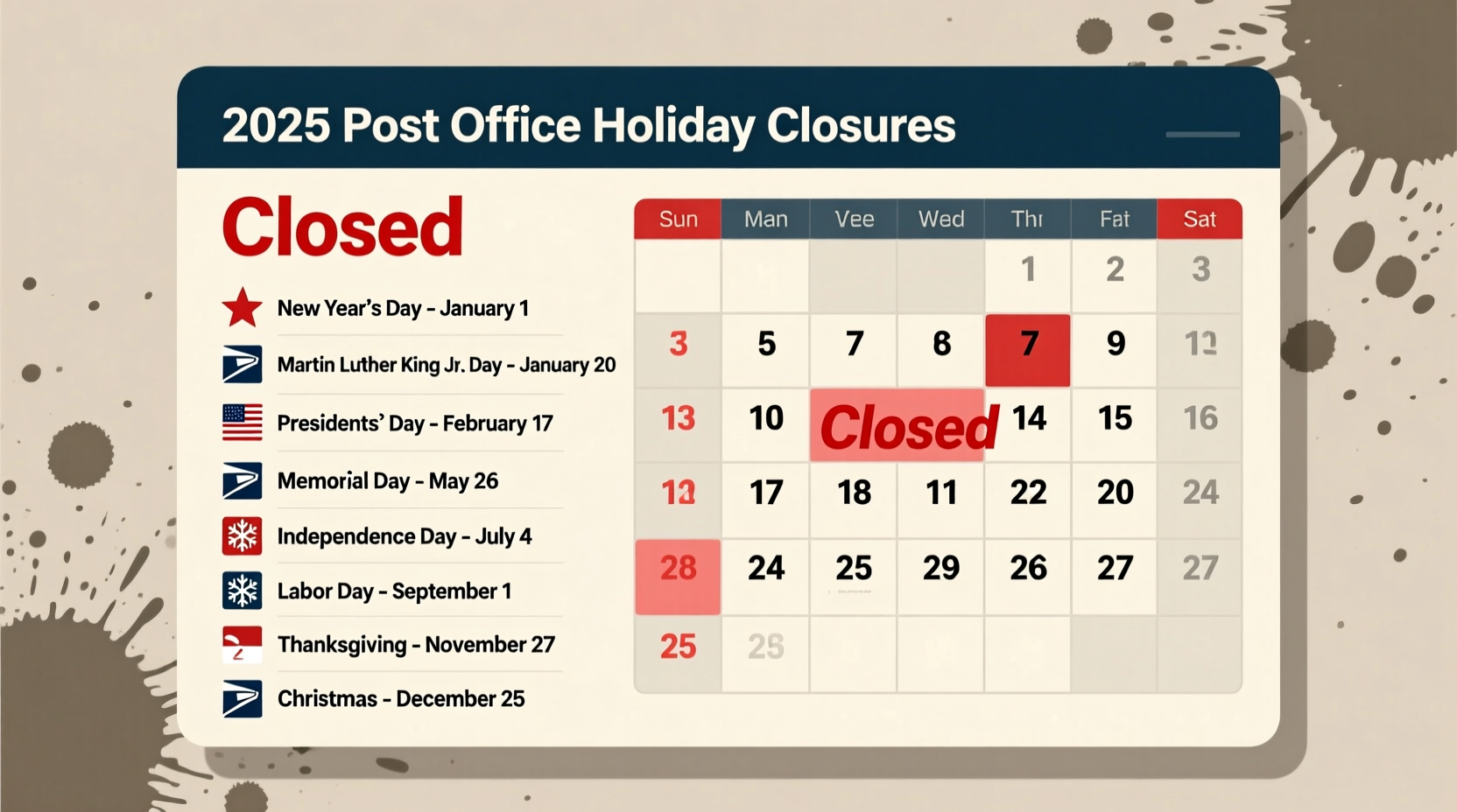 why is the post office closed today 2025 holiday closures