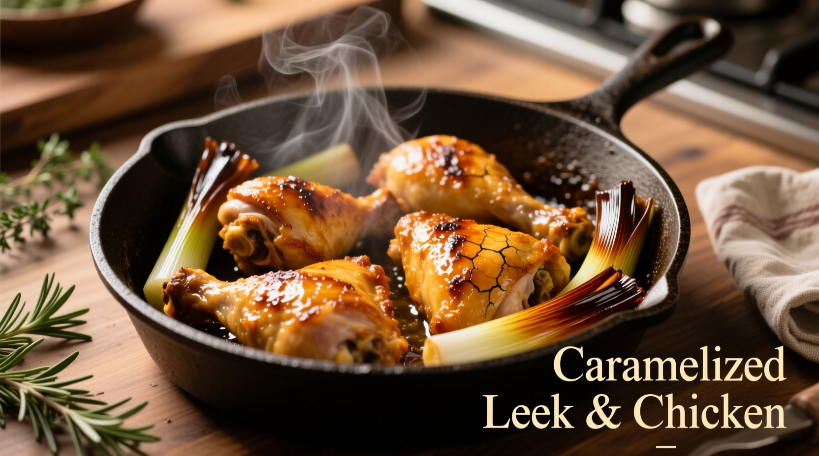 Golden chicken thighs with caramelized leeks in skillet